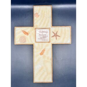 New Creative Footprints‎ in the Sand Wall Cross Seashell Coastal Religious 11.5"